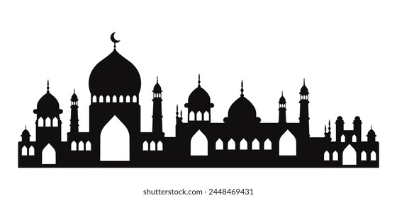 Arabian city silhouette. Traditional east asian architecture. Mosque with domes. Religion and belief, faith. Poster or banner. Cartoon flat vector illustration isolated on white background