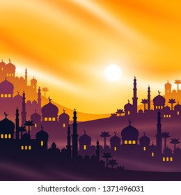 Arabian city at sunset, vector illustration. Ramadan Kareem banner or greeting card with buildings temple on mountains, mosque and palms. Arab cityscape scene.