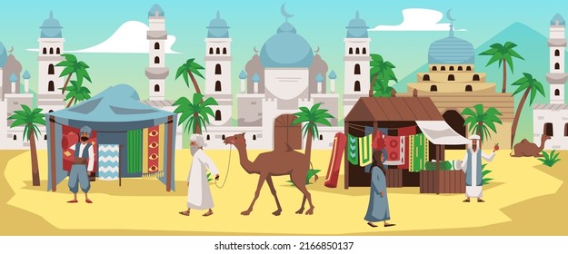 Paisaje urbano árabe con mercado en la calle, comerciantes vendiendo alfombras y camellos, ilustración vectorial plana. Ciudad árabe antigua o ciudad con mezquita. Gente caminando por los puestos del mercado.