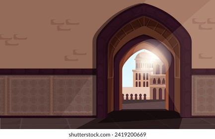 Arabian cityscape poster with arch. Ancient town scenery. Old arabian cityscape. Arab city with mosque minaret on background. Facade of islam building. Nobody in town on banner. Vector illustration