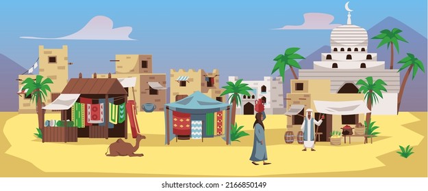 Arabian cityscape with stalls and tents in the market, flat vector illustration. Arabian street with camel and people in traditional clothes. Cartoon islamic city. Concept of travel and vacation.