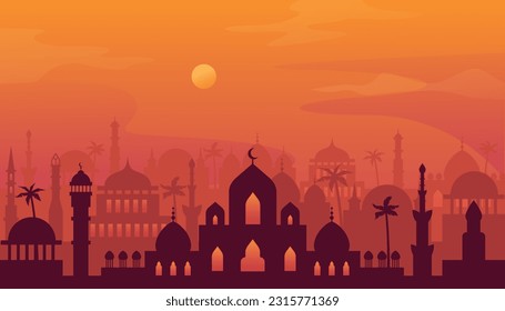 Arabian cityscape. Sunset town scenery. Old arabian cityscape. Sunset town scenery.