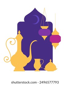 Arabische Komposition mit goldenem Krug, Geschirr, Laternen, Sternen, Orientfenster, Halbmond. Das Märchennachtskonzept des Nahen Ostens. Minimalistische Vektorgrafik. Einzeln auf weißem Hintergrund. 