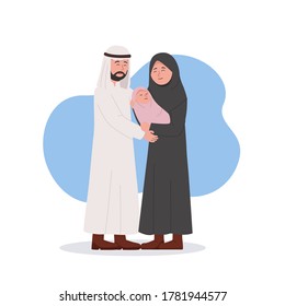 Arabian Couple Happy for Newborn Baby, Mother Hold Her Baby Vector Cartoon