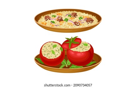 Arabian cuisine dishes set. Pilaf and stuffed peppers vector illustration svg
