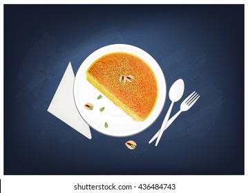 Arabian Cuisine, Kanafeh or Traditional Levantine Cheese Pastry Topping with Pistachio Powder and Syrup on Chalkboard. One of The Most Favorite Arabic Desserts.