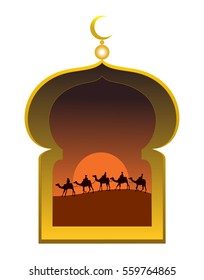 Arabian desert behind the window. Arabian camels. Sunset in a desert.