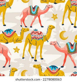 Arabian Desert Camels Vector Seamless Pattern