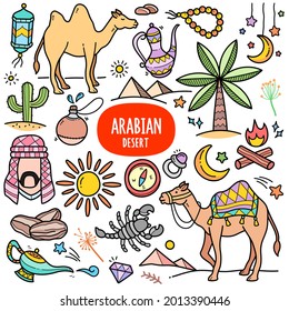 Arabian desert, colorful graphics elements and illustrations. Vector art such as camel, palm date, lantern cactus, Arabian man with keffiyeh are included in this doodle cartoon set.