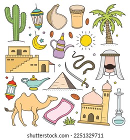 Arabian desert and culture outline doodle hand drawn vector illustration