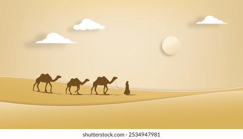 Arabian desert dune landscape with camel caravan paper cut style.