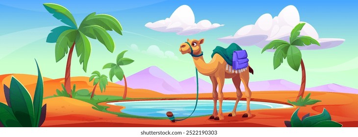 Arabian desert landscape with camel background. Sahara with sand, palm and oasis drawing illustration. Summer adventure in egyptian dune to mirage water in pond on animal transport scenic panorama