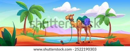 Arabian desert landscape with camel background. Sahara with sand, palm and oasis drawing illustration. Summer adventure in egyptian dune to mirage water in pond on animal transport scenic panorama