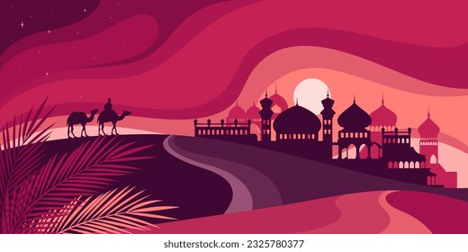 Arabian desert landscape vector illustration. Cartoon silhouettes of bedouins on camels travel to Middle East city on horizon, simple sunset landscape for Ramadan, Eid Mubarak greeting card design