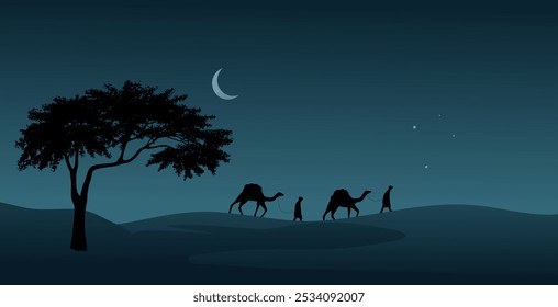 Ilustração da noite do deserto árabe com homens e camelos 