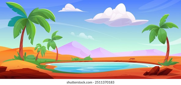 Arabian desert oasis with tropical lake. Vector cartoon illustration of sunny scenery with sandy dunes and pyramids on horizon, green grass and palm trees around blue water, fluffy clouds in sky