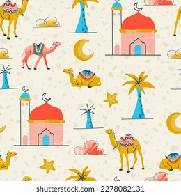 Arabian Desert Ramadan Landscape Vector Seamless Pattern