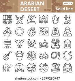 Arabian desert symbols collection or sketches, travel journey theme bar in line style signs for web and app. Vector graphics isolated on white background