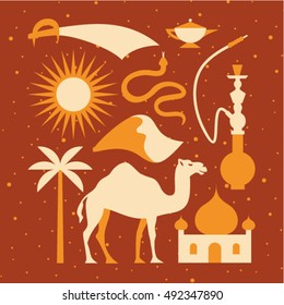 Arabian desert, vector flat illustration, icon set, poster, sand texture: palm tree, camel, temple, hookah, snake, dune, sun, knife, magic