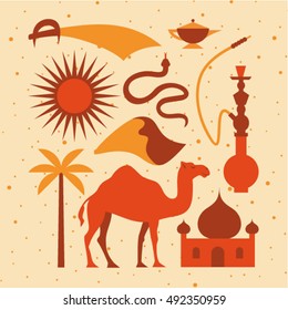 Arabian desert, vector flat illustration, icon set, poster, sand texture: palm tree, camel, temple, hookah, snake, dune, sun, knife, magic