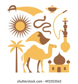 Arabian desert, vector flat illustration, icon set, poster, white background: palm tree, camel, temple, hookah, snake, dune, sun, knife, magic