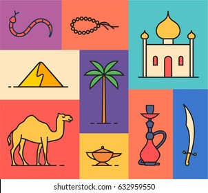 Arabian desert, vector flat illustration, outline icon set, travel background. Snake, beads, mosque, sand, palm tree, camel, magic, hookah, knife