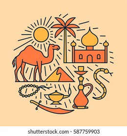 Arabian desert, vector outline illustration, icon set, travel background. Camel, sun, palm tree, mosque, snake, hookah, magic, beards, knife