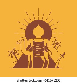 Arabian desert, vector travel illustration, yellow background. Camel, knife, palm tree, mosque, sun