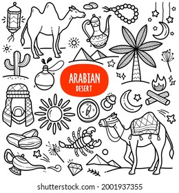 Arabian desert's graphic element in doodle illustration. Camel, palm, date, scorpion line art etc