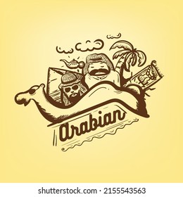 Arabian doodle vector illustration. camel, people, sun, pyramid, coconut tree, lamp ,clouds, sand.