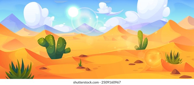 Paisaje desértico árabe o egipcio con dunas de arena, cactus verde y hierba bajo un cielo azul soleado. Fondo de Sahara de Vector de dibujos animados con montañas de arena amarilla de sequía. Panorama de la naturaleza africana.