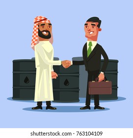 Arabian and european businessman deal contract and shaking hands. Oil black gold concept. Vector flat cartoon illustration