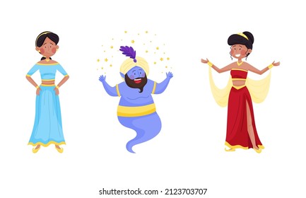 Arabian Fairy Tale Character with Arab Woman Dressed in Fancy Apparel and Jinn from Lamp Vector Set