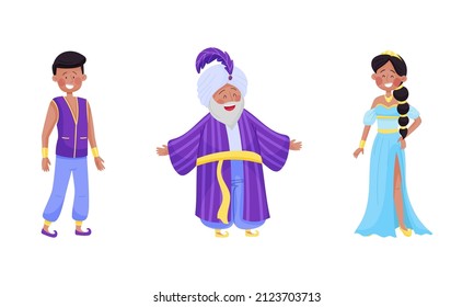 Arabian Fairy Tale Character with Arab Man and Woman Dressed in Fancy Apparel Vector Set