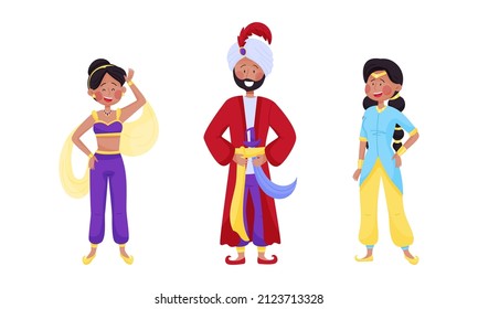 Arabian Fairy Tale Character with Arab Man and Woman Dressed in Fancy Apparel Vector Set