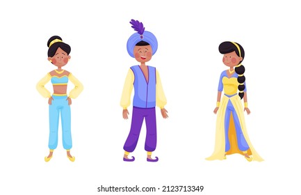 Arabian Fairy Tale Character With Arab Man And Woman Dressed In Fancy Apparel Vector Set