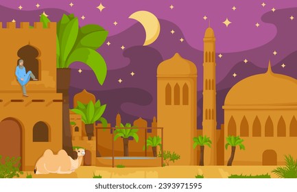 Arabian fairy tale cityscape castle architecture, cartoon buildings, fluffy clouds, muslim antique mosque, ancient traditional town. Arab house, authentic middle east urban. Vector illustration