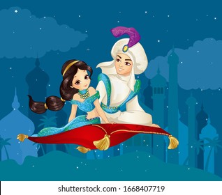 Arabian fairy tale of Prince and Princess on flying carpet over night town