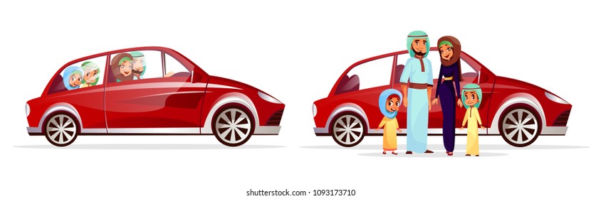 Arabian Family Car Vector Illustration. Cartoon Arab People Characters Of Mother Woman And Father Man With Children Or Kids, Daughter Girl And Son Boy In Traditional National Clothing Driving Auto