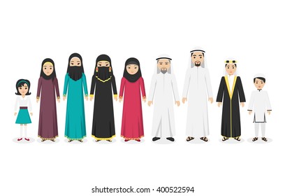 Arabian family people in national clothes design flat. Arabian man and family, arabesque or islamic people, muslim arabic family, boy arab, parent islam, man woman and children. Vector illustration