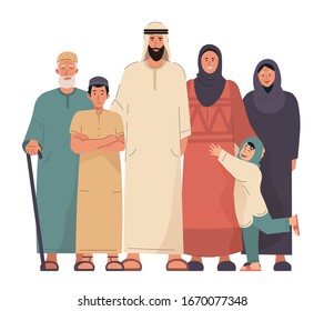 Arabian family portrait. Grandparents, parents and children. Arabic people in flat cartoon illustration