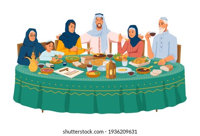 Arabian family sitting at table celebrate Ramadan, Iftar evening or Eid Mubarak holiday isolated. Vector Muslim family at dinner, arabic people in national cloth, parents and kids sitting together