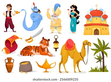 Arabian fantasy cartoon vector illustration with genie, palace, flying carpet, camel, tiger, treasure, magical lamp. Perfect for fairytale adventures, children fantasy games, Middle Eastern stories