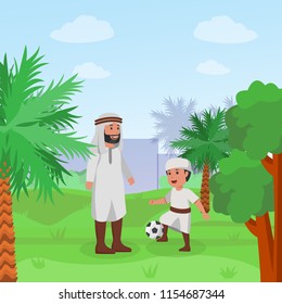 Arabian Father Teach His Son Playing Football Flat Vector Cartoon Illustration
