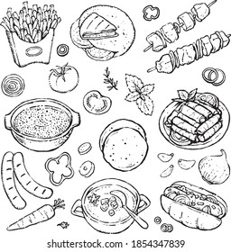 Arabian food, sketch illustration. Middle eastern cuisine frame. Healthy food, Mediterranean food.