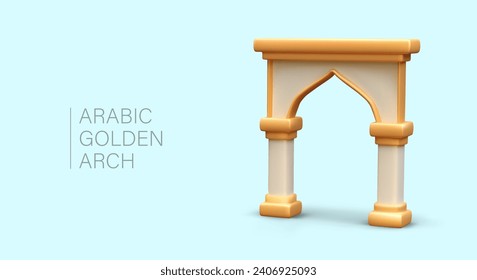 Arabian Golden Arch. Decorative part of mosque. Muslim architecture. Frame for passage, windows. Realistic vector illustration. Figured gate to prayer house