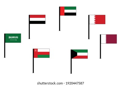 Arabian Gulf Or Persian Gulf Countries Flags On Pole Icon Set For Middle East Themes. 