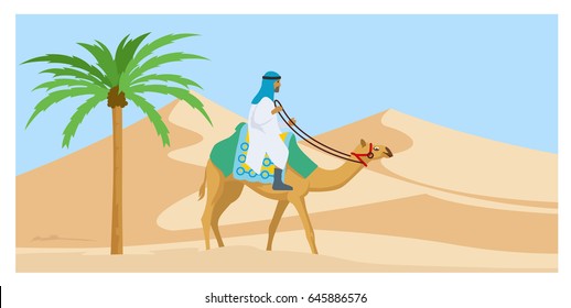 Arabian guy riding his camel trough desert