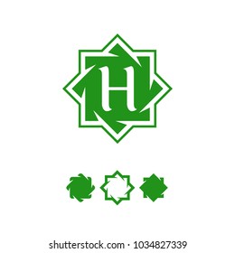 Arabian halal, abstract symbol template. Vector green color octagonal arabian star logo with letter H inside. 