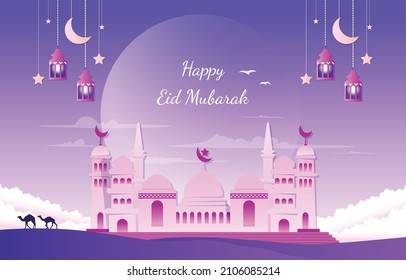 Arabian Happy Eid Mubarak Muslim Islamic Celebration Vector Illustration